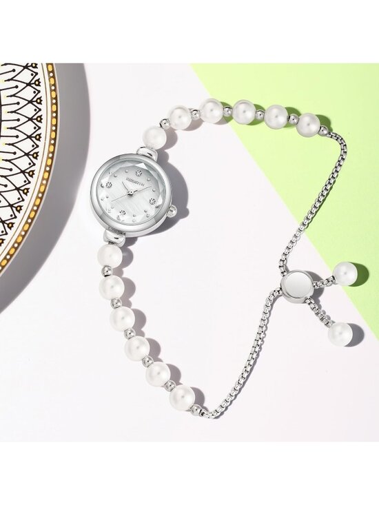 Women Rose Gold Analog Quartz Adjustable Slider Clasp Pearl Bracelet Wrist Watch